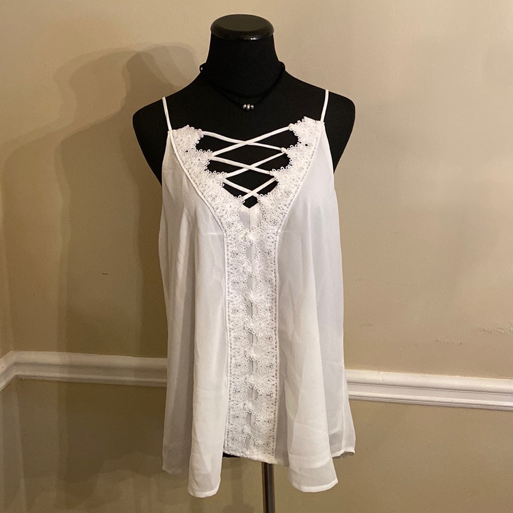 Lace-up look Blu Heaven tank w/ lace embellishments. Fully lined.
